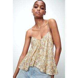 NWOT Zara floral printed boho-inspired sleeveless cami top w/ metallic fibre, XS